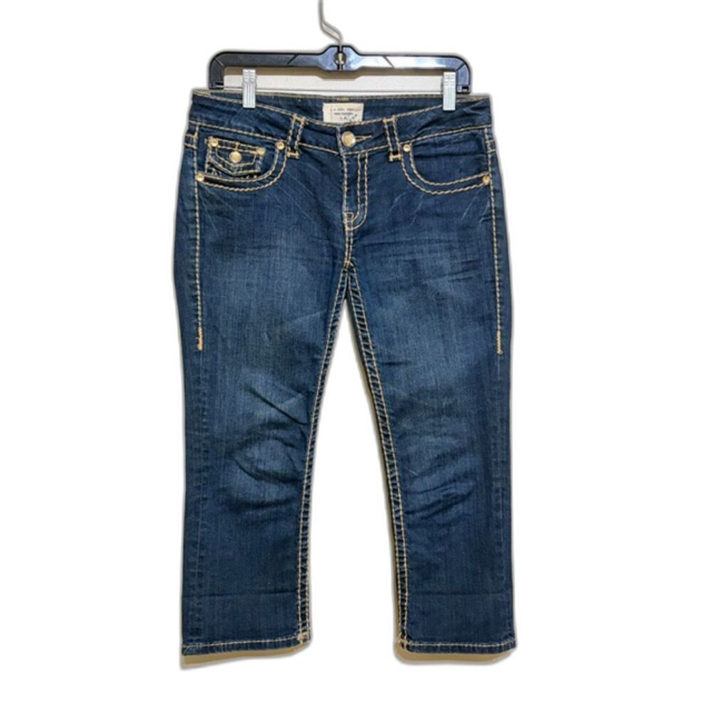 LA Idol Womens 7 Blue Stretch Capri Jeans Thick Stitch Flap Pocket Y2K